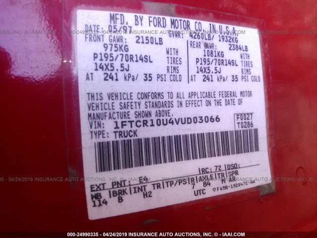 1FTCR10U4VUD03066 - 1997 FORD RANGER RED photo 9