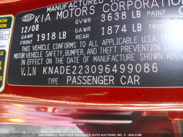 KNADE223096499086 - 2009 KIA RIO LX/SX ORANGE photo 9