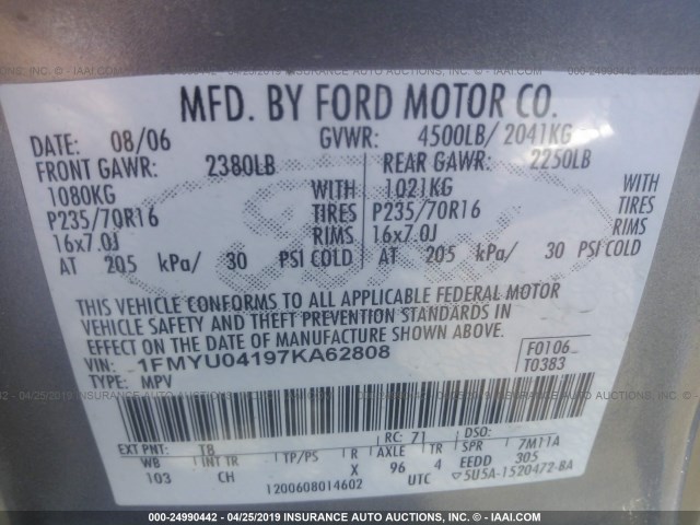 1FMYU04197KA62808 - 2007 FORD ESCAPE LIMITED GRAY photo 9