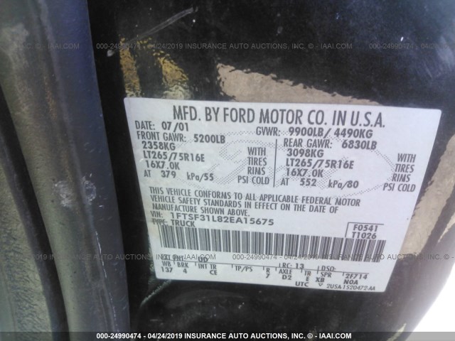 1FTSF31L82EA15675 - 2002 FORD F350 SRW SUPER DUTY BLACK photo 9