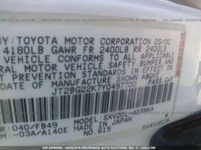 JT2BG22K7Y0497700 - 2000 TOYOTA CAMRY CE/LE/XLE WHITE photo 9