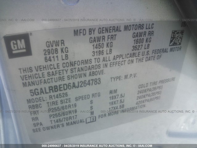 5GALRBED6AJ264783 - 2010 BUICK ENCLAVE CXL SILVER photo 9