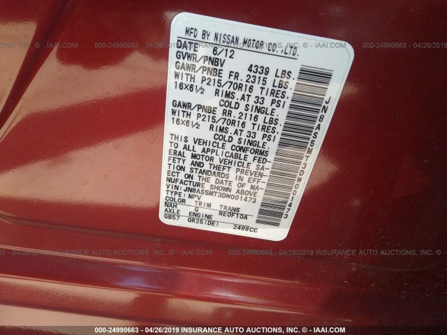 JN8AS5MT3DW001473 - 2013 NISSAN ROGUE S/SV RED photo 9