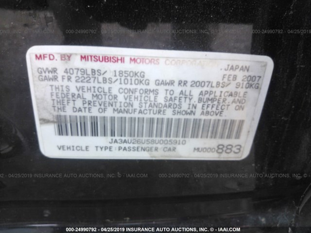 JA3AU26U58U005910 - 2008 MITSUBISHI LANCER ES BLACK photo 9