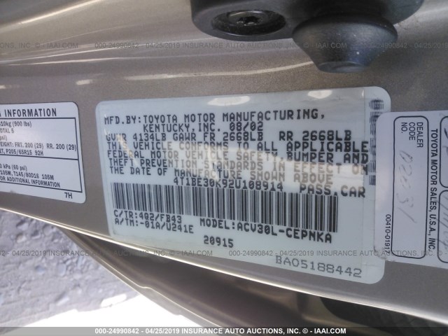 4T1BE30K92U108914 - 2002 TOYOTA CAMRY LE/XLE/SE TAN photo 9