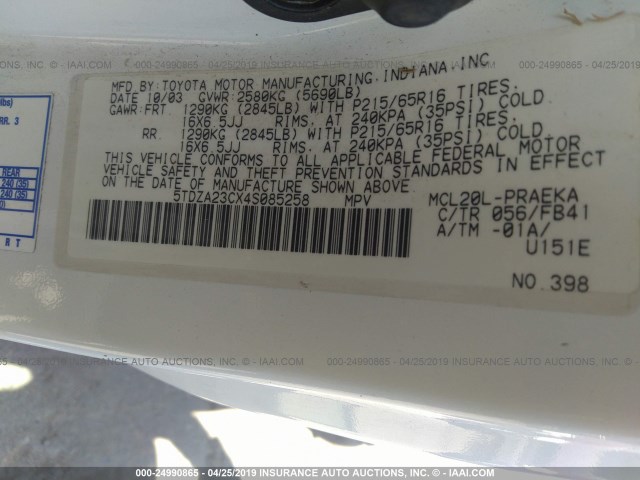 5TDZA23CX4S085258 - 2004 TOYOTA SIENNA CE/LE WHITE photo 9