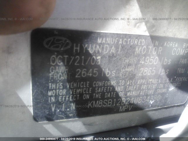 KM8SB12B24U634380 - 2004 HYUNDAI SANTA FE GL SILVER photo 9