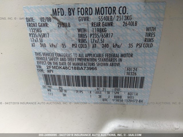 2FMDK48C18BA73966 - 2008 FORD EDGE SEL CREAM photo 9