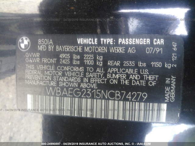 WBAEG2315NCB74279 - 1992 BMW 850 I AUTOMATIC BLACK photo 9