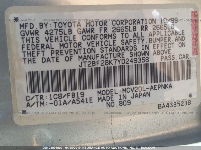 JT2BF28K7Y0249358 - 2000 TOYOTA CAMRY LE/XLE SILVER photo 9