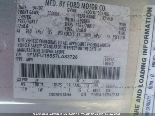 1FMFU15557LA83728 - 2007 FORD EXPEDITION XLT SILVER photo 9