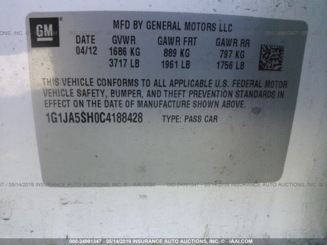 1G1JA5SH0C4188428 - 2012 CHEVROLET SONIC LS WHITE photo 9