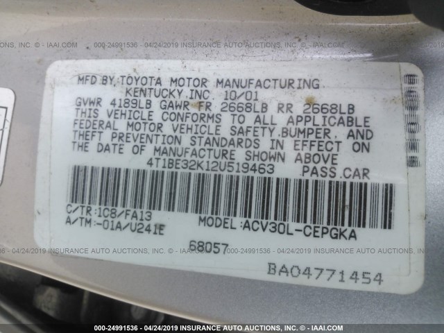 4T1BE32K12U519463 - 2002 TOYOTA CAMRY LE/XLE/SE SILVER photo 9