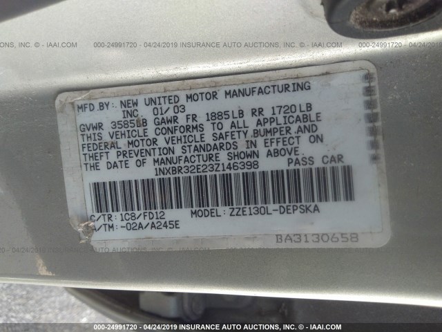 1NXBR32E23Z146398 - 2003 TOYOTA COROLLA CE/LE/S SILVER photo 9