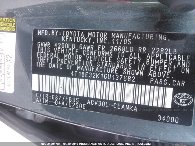 4T1BE32K16U137682 - 2006 TOYOTA CAMRY LE/XLE/SE GREEN photo 9