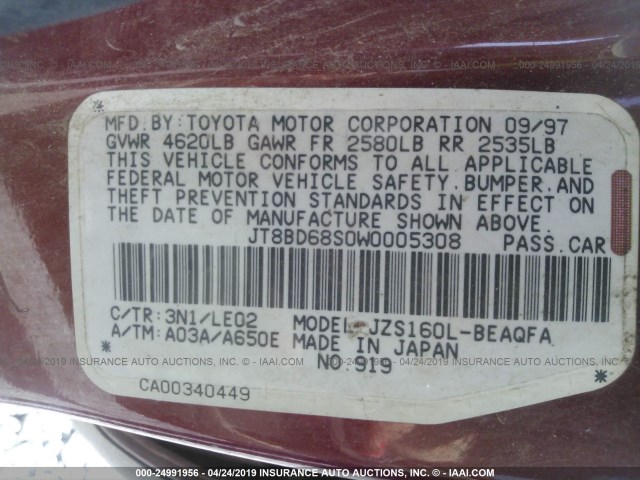 JT8BD68S0W0005308 - 1998 LEXUS GS 300 BURGUNDY photo 9