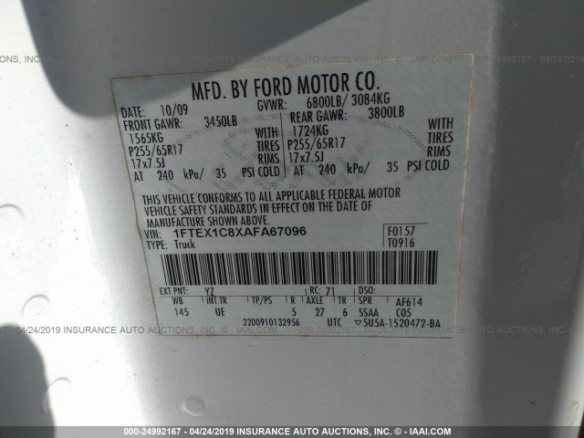 1FTEX1C8XAFA67096 - 2010 FORD F150 SUPER CAB WHITE photo 9