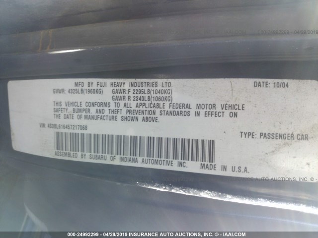 4S3BL616457217068 - 2005 SUBARU LEGACY 2.5I BLACK photo 9