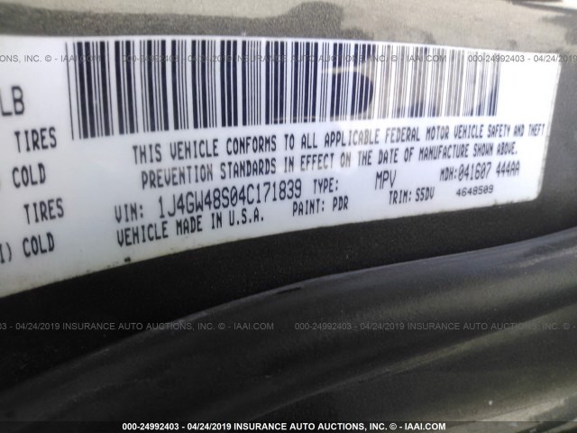 1J4GW48S04C171839 - 2004 JEEP GRAND CHEROKEE LAREDO/COLUMBIA/FREEDOM 灰色 照片 9