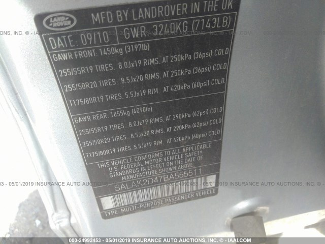 SALAK2D47BA555511 - 2011 LAND ROVER LR4 HSE LUXURY SILVER photo 9