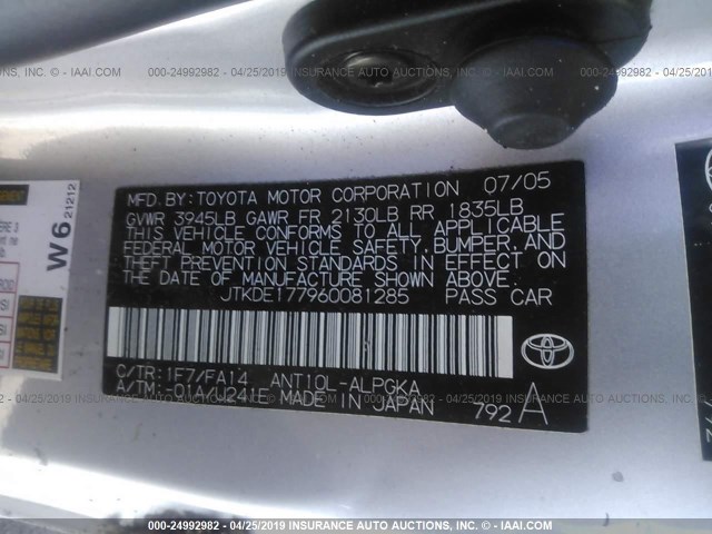 JTKDE177960081285 - 2006 TOYOTA SCION TC SILVER photo 9