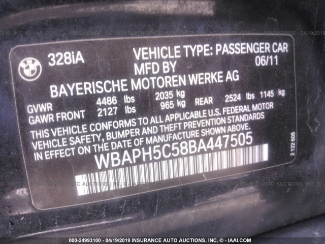 WBAPH5C58BA447505 - 2011 BMW 328 I SULEV BLACK photo 9