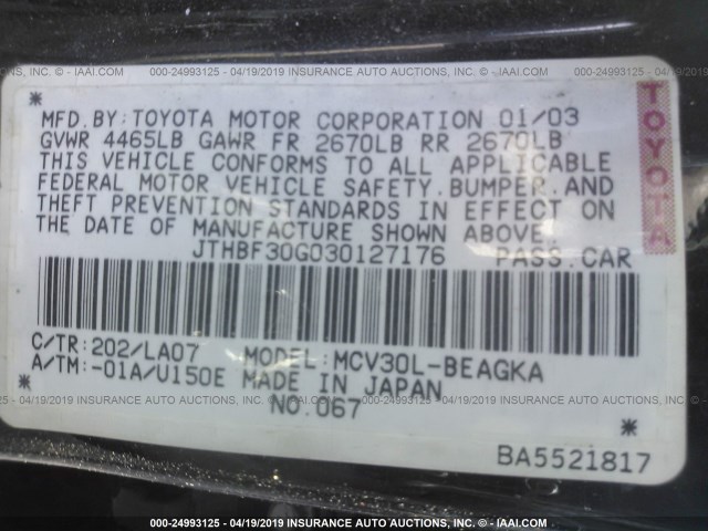 JTHBF30G030127176 - 2003 LEXUS ES 300 BLACK photo 9