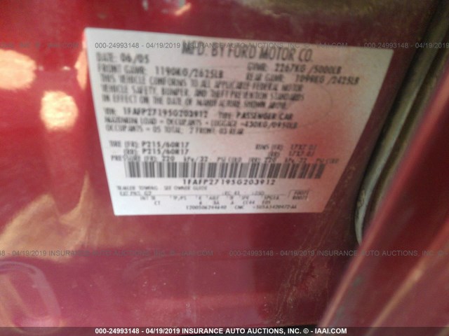 1FAFP27195G203912 - 2005 FORD FIVE HUNDRED SEL RED photo 9