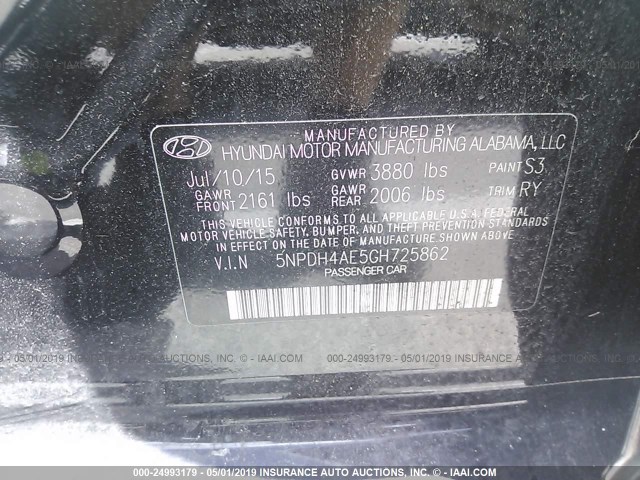 5NPDH4AE5GH725862 - 2016 HYUNDAI ELANTRA BLACK photo 9