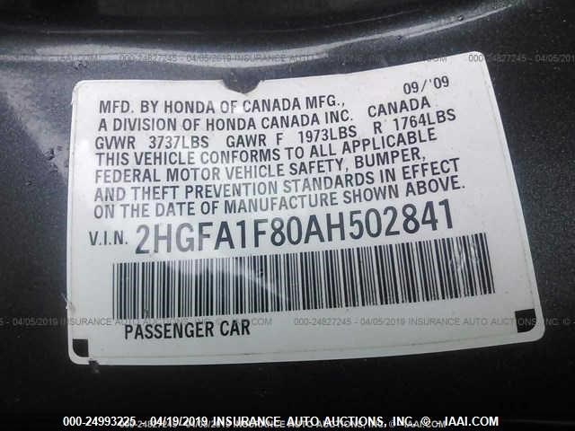 2HGFA1F80AH502841 - 2010 HONDA CIVIC GRAY photo 9