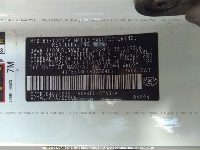 4T1BE46KX8U756462 - 2008 TOYOTA CAMRY CE/LE/XLE/SE WHITE photo 9