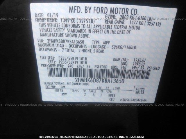 2FMHK6D87KBA13650 - 2019 FORD FLEX LIMITED BLACK photo 9