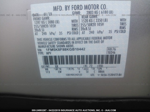 1FM5K8F88KGB10442 - 2019 FORD EXPLORER LIMITED SILVER photo 9