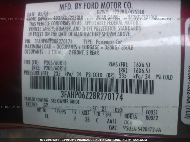 3FAHP06Z28R270174 - 2008 FORD FUSION S RED photo 9