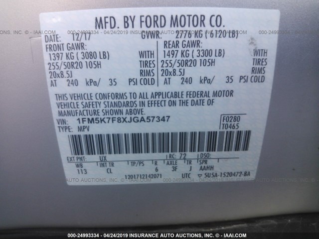 1FM5K7F8XJGA57347 - 2018 FORD EXPLORER LIMITED SILVER photo 9