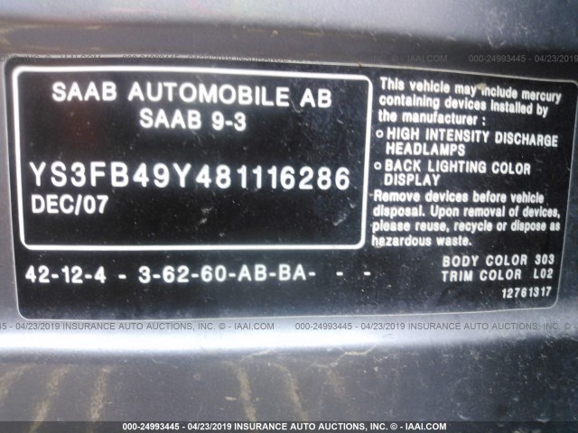 YS3FB49Y481116286 - 2008 SAAB 9-3 2.0T GRAY photo 9