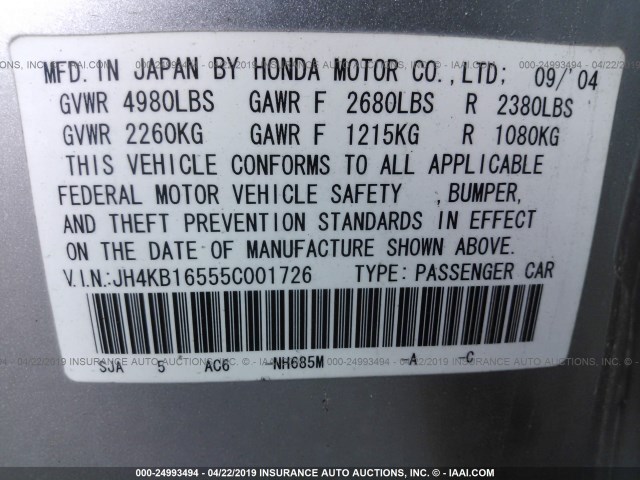 JH4KB16555C001726 - 2005 ACURA RL SILVER photo 9