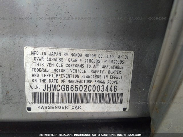 JHMCG66502C003446 - 2002 HONDA ACCORD SILVER photo 9