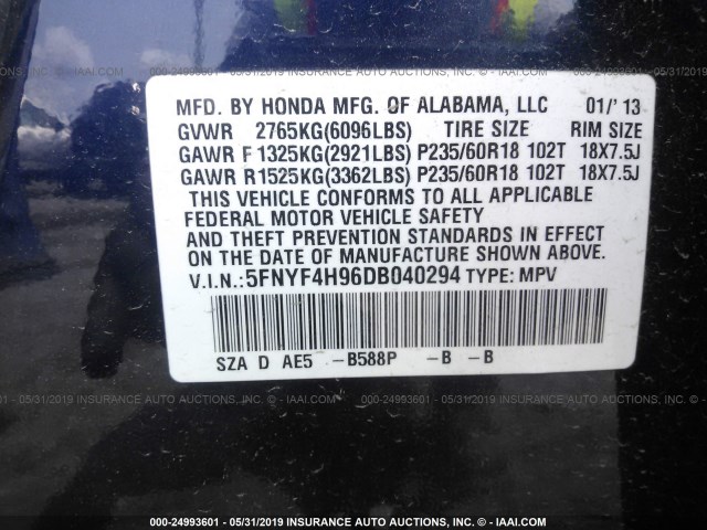 5FNYF4H96DB040294 - 2013 HONDA PILOT BLUE photo 9