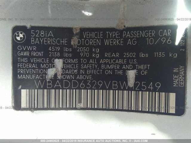 WBADD6329VBW12549 - 1997 BMW 528 I AUTOMATIC SILVER photo 9