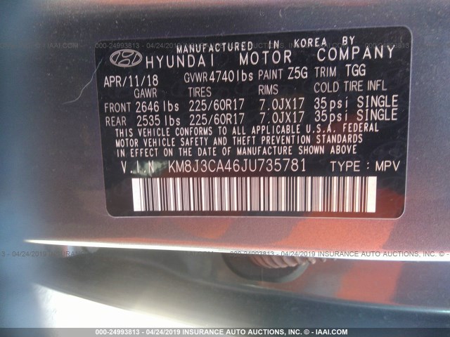 KM8J3CA46JU735781 - 2018 HYUNDAI TUCSON LIMITED/SPORT AND ECO/SE GRAY photo 9