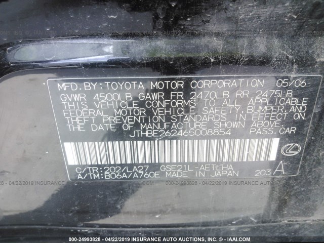 JTHBE262465008854 - 2006 LEXUS IS 350 BLACK photo 9