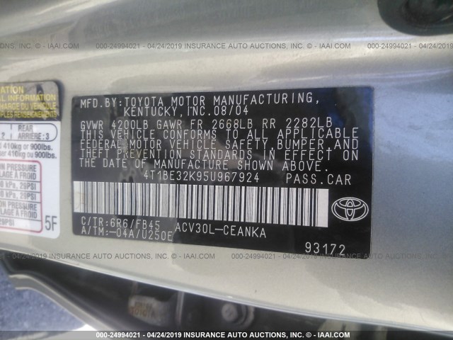 4T1BE32K95U967924 - 2005 TOYOTA CAMRY LE/XLE/SE GRAY photo 9