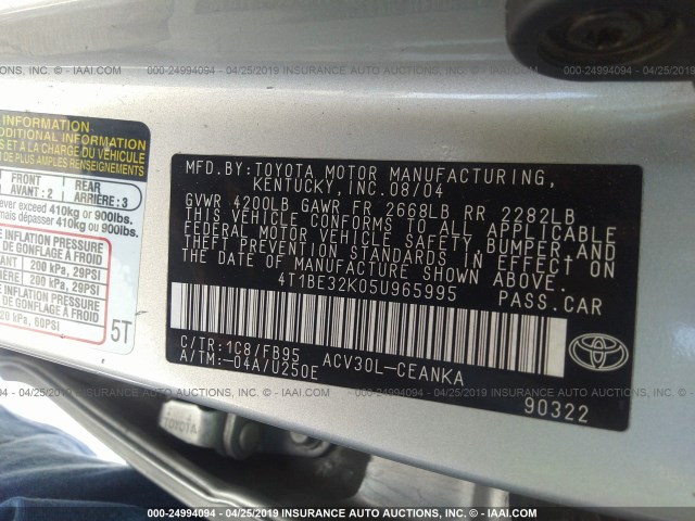 4T1BE32K05U965995 - 2005 TOYOTA CAMRY LE/XLE/SE SILVER photo 9