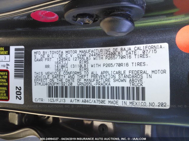 3TMJU4GN3FM192120 - 2015 TOYOTA TACOMA DOUBLE CAB PRERUNNER GRAY photo 9