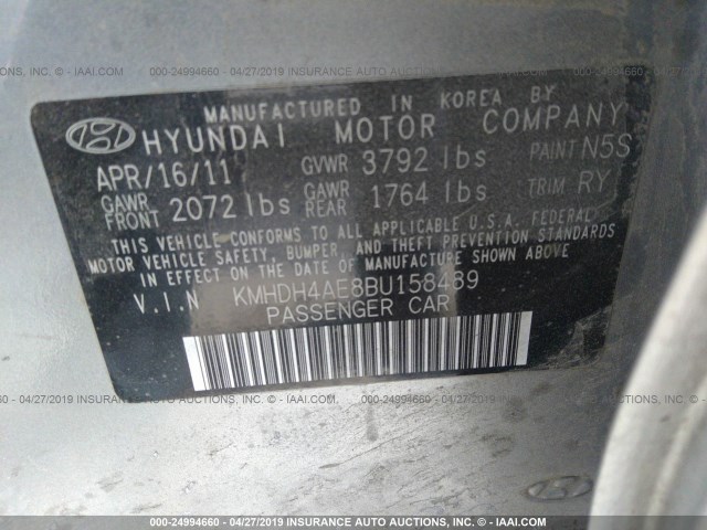 KMHDH4AE8BU158489 - 2011 HYUNDAI ELANTRA GLS/LIMITED GRAY photo 9