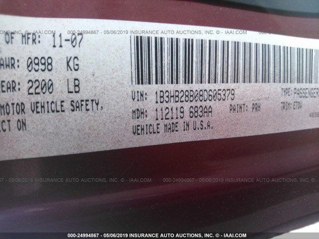 1B3HB28B08D605379 - 2008 DODGE CALIBER MAROON photo 9