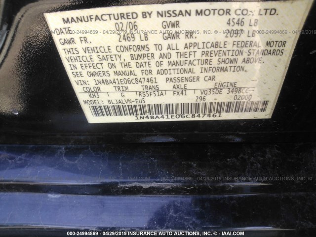 1N4BA41E06C847461 - 2006 NISSAN MAXIMA SE/SL BLACK photo 9