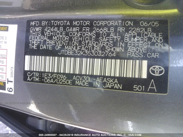 JTDBE32K353032764 - 2005 TOYOTA CAMRY LE/XLE/SE GRAY photo 9