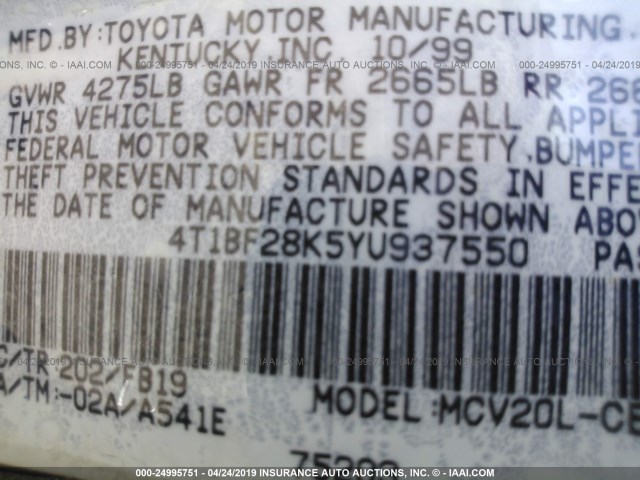 4T1BF28K5YU937550 - 2000 TOYOTA CAMRY LE/XLE Qara foto 9